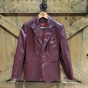 Etienne Aigner Women's Burgundy Leather Jacket Iconic Gold Horse Bit Hardware